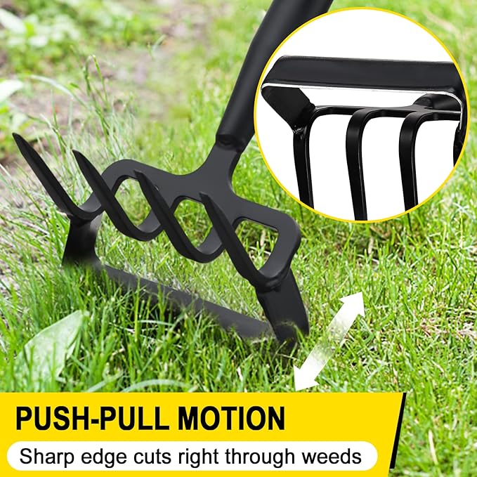 Garden Hoe Heavy Duty Hula Hoe Garden Tool for Weeding 62 Inch Cultivator Stirrup Hoe with Adjustable Long Handle Action Scuffle Loop Hoe with Rake 2-in-1 Gardening Tool for Loosening Pulling Weed