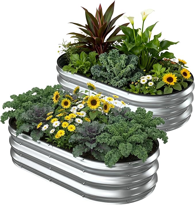 2 Pack 4x2x1FT Galvanized Raised Garden BedsRaised Garden Bed with Safety Edging and GlovesOval Metal Planter Box for Gardening Vegetables Flowers Herb-Silver