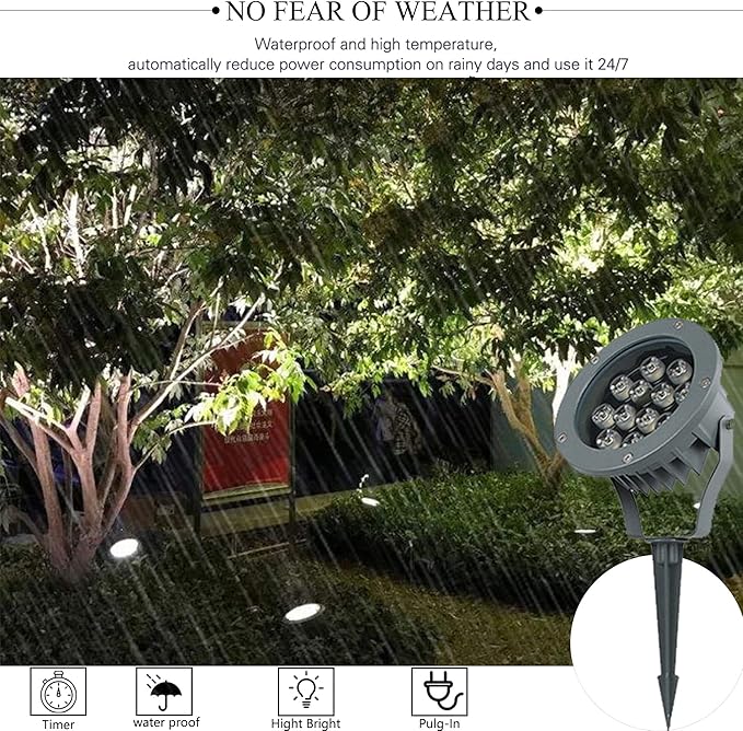 Kiven LED Landscape Spotlight Outdoor with Automatic TimerIP65 Waterproof Garden Spotlights12W 110V Yard Flood Light with Spiked Stand Lawn Lights6000K LED Wall Lights with 9.84FT Wire for Patio