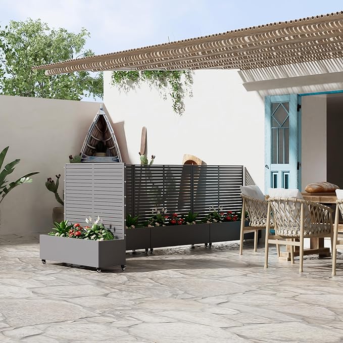 Casaphoria Metal Raised Garden Bed with Trellis and Wheels 47x47x16 Planter Box for Climbing Plants Vegetables &amp Vines Features Drainage Holes and Privacy Screen (Grey-Louvered)