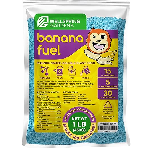 Wellspring Gardens Banana Fuel Fertilizer - Water-Soluble 15-5-30 Blend - Banana Plant Fertilizer - Plant Food - Formula for Banana Trees &amp Plants - Grow Healthy and Happy Plants (1 Pound)