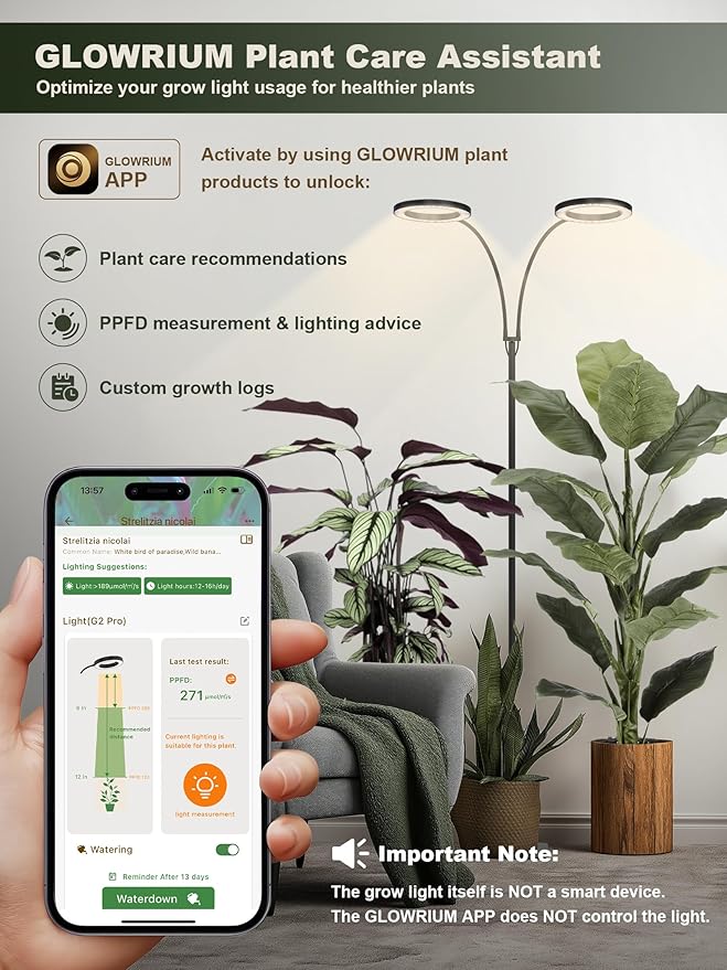 GLOWRIUM 48W LED Dual-Head Grow Light for Indoor Plants 23.5-71 Adjustable Height 3-Growing Full Spectrum for Tall Plant Light 3/9/12/16H Timer 6-Level Dimming Ideal for Large Tall Plants