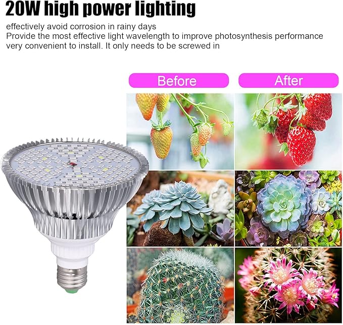 Tyenaza LED Grow Light Bulbs 20W Plant Light Bulb with 120 LEDs for Indoor Plants E27 Socket Grow Lamp for Hydroponic Indoor Garden Greenhouse Succulent Veg Flower