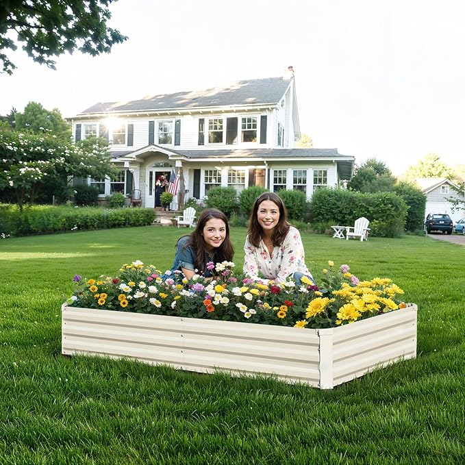 Raised Garden Bed Beige 6x3x1ft Galvanized Raised Garden Bed Outdoor Metal for Gardening Vegetables Flower Garden Planter Box Large Raised Bed with Gloves and 3ftx30ft Weed Barrier Fabric