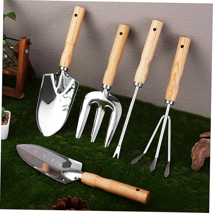 Generic Sturdy Stainless Steel Garden Tools Set with Ash Handles Multi-Function Gardening Kit for Men and Women Includes Various Trowels for Digging Pruning and Planting Tasks
