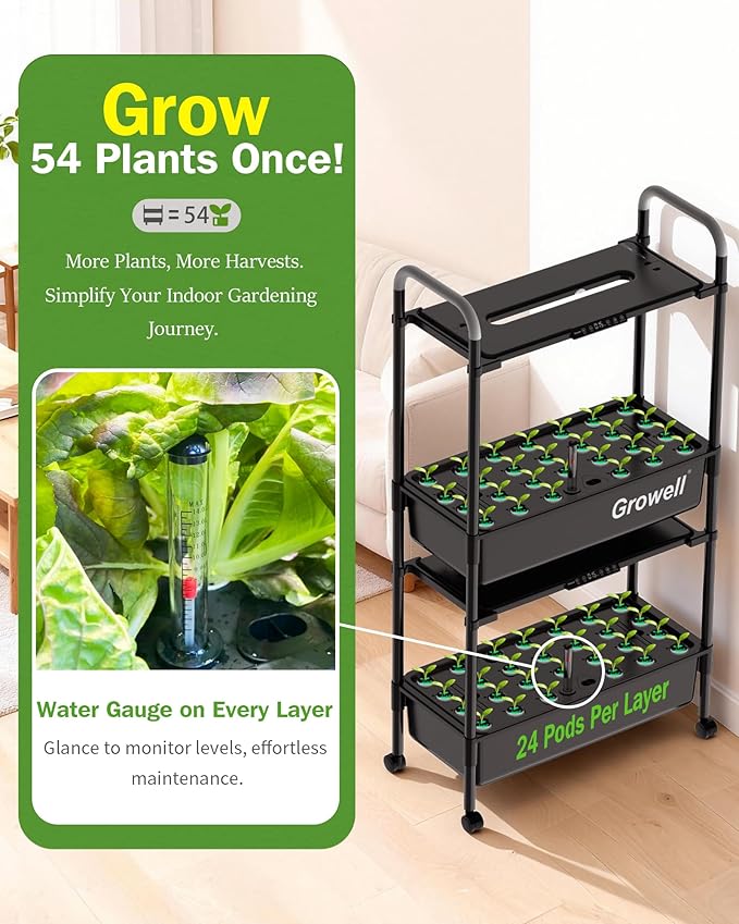 Large Hydroponics Growing System Kit Vertical Indoor Herb Garden Kit with LED Grow Light &amp Independent Water Pump 28L Movable Indoor Planter Perfect Gardening Gifts (2 Tier-54 Pods Black)