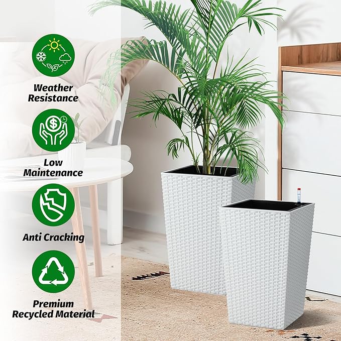 IDEALHOUSE 16 in Self-Watering Planters Set of 2 Tall Rattan Indoor Outdoor Planter Pots with Water Level Monitor Drainage Holes &amp Inner Bucket for Home Patio Balcony White