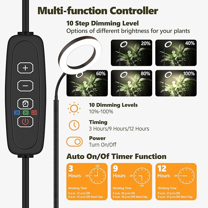 Plant Grow Light 20W Growing Lights for Indoor Plants Full Spectrum LED Floor Lamp with Height Adjustable Stand Auto Timer 3/9/12H10 Dimmable Brightness for Small Large Tall Plants Growth
