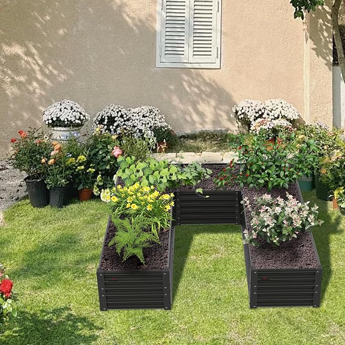 A ANLEOLIFE 4 Set U-Shaped Galvanized Raised Garden Beds Outdoor6x6x1.5ft Large Metal Planter Box for Planting Vegetables Flowers Herb Anti-Rust &amp Easy-Setup Quartz Grey