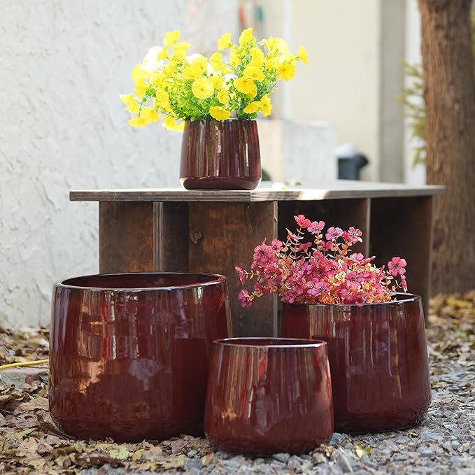 Handmade Ceramic Flower Pot Set of 4 791114 Inch Diameter Deep Red Speckled Glaze for All Flowers IndoorOutdoor Use on Windowsill Bookshelf Breathable Clay