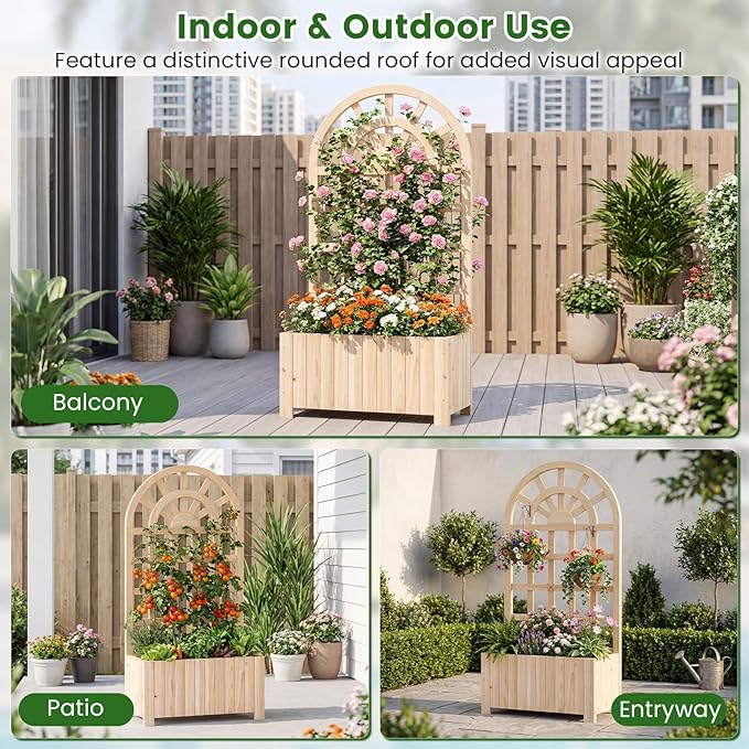 BECOMFORT 48”H Raised Garden Bed with Arched Trellis Fir Wood Planter Box with Privacy Screen &amp Drainage Holes for Balcony Yard Elevated Outdoor Flower Box for Climbing Plants Vegetables &amp