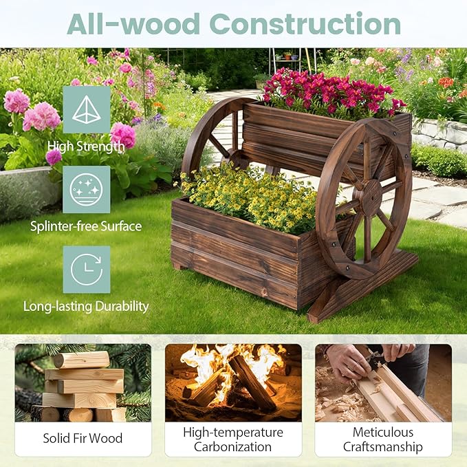 HAPPYGRILL Wood Wagon Planter Box 2-Tier Rustic Raised Garden Bed w/Wheels Drainage Holes for Vegetables Flowers Indoor Outdoor Decorative Planter Container Flower Cart for Patio Balcony (1)
