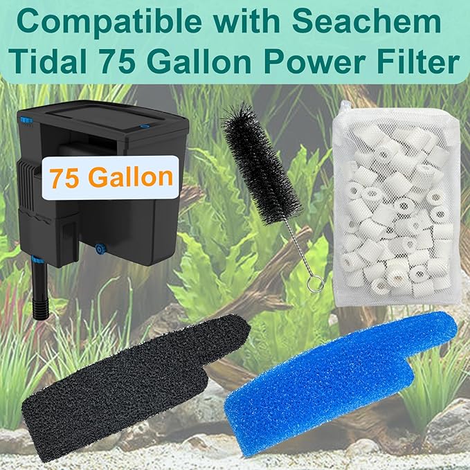 17-Set Filter Media Kit Replacement for Seachem Tidal 75 Gallon (300 Liters) Large Aquarium Fish Tank Filter Comprising: Ceramic Rings Blue Foam Filters Carbon Sponge Filters 1 Brush and Mesh Bags