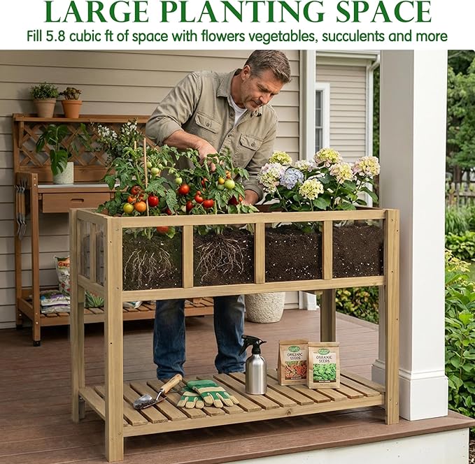 Raised Garden Bed with Legs Large-Capacity Wood Outdoor Elevated Reinforced Planter w/Bed Liner Durable Deep Raised Garden Bed for Gardening/Backyard/Patio/Balconyfor Herbs Flowers Vegetables