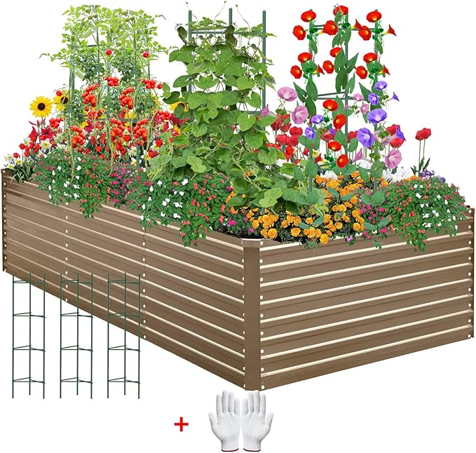 8x4x2ft Outdoor Metal Raised Garden Bed Planter Box for Vegetables Flowers Herbs w/ 3 Tomato Cages Brown
