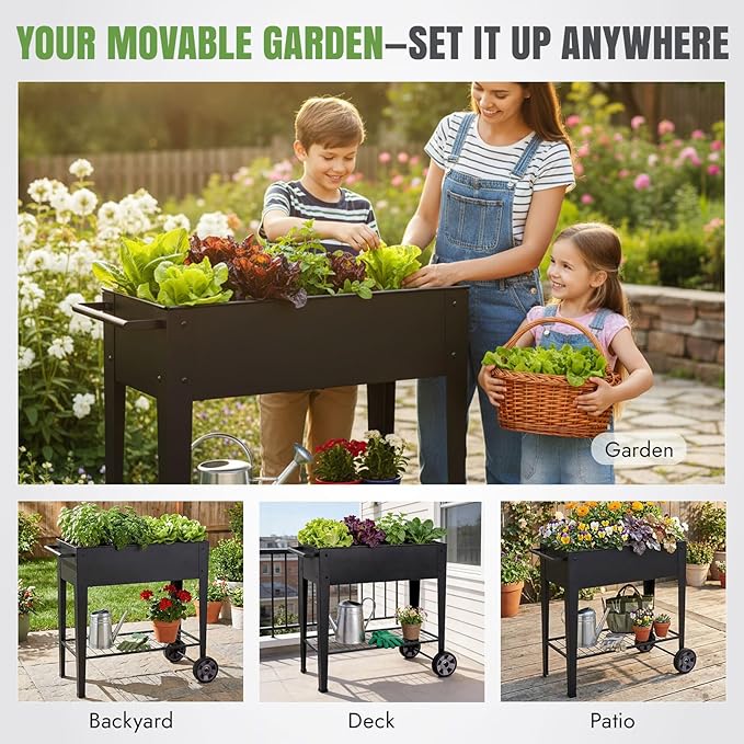 INNO STAGE 31.5 Tall Raised Garden Bed with Legs &amp Wheels- Elevated Planter Box with Shelf Anti-Rust Metal Galvanized Steel Garden Bed for Herb Vegetable Gradening Patio Balcony Backyard