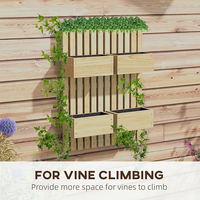 Outsunny 4 Box Raised Garden Bed with Trellis for Vine Flowers &amp Climbing Plants 31.5 Tall Wall-Mounted Wood Planter Box Set with Adjustable Height Drainage Hole Natural