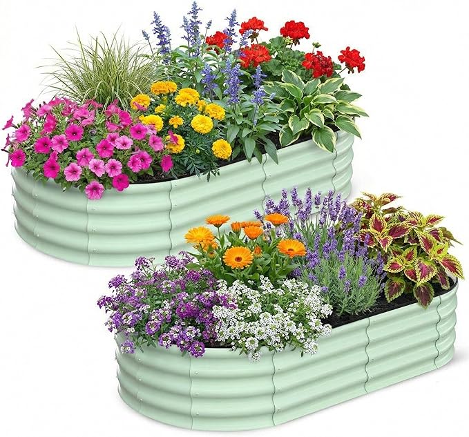 2 Pcs Oval Raised Garden Bed 6 * 3 * 1FT Galvanized Metal Planter Boxes with Open Base for Gardening Raised Bed Planter for Vegetables Flowers Olive Green