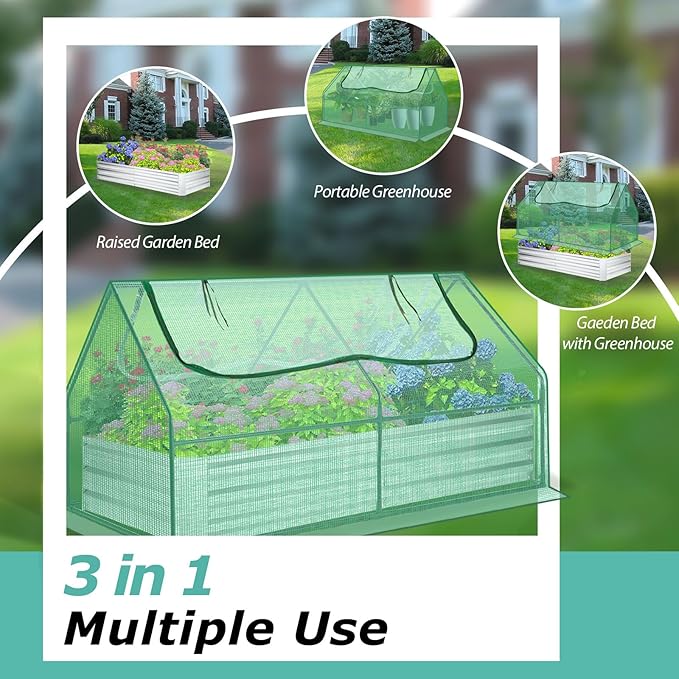 SEJOV 6x3x1ft Galvanized Raised Garden Bed with Cover &amp 2 Large Windows Mini Greenhouses for Outdoors Metal Planter Box Kit for Vegetables Flowers Herbs 1 Pair of Gloves Included Green