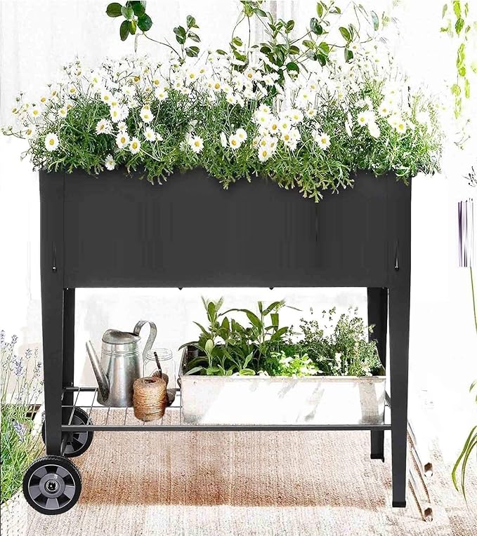48.5*24.5*35.4in Raised Garden Bed Raised Planter Box with Legs Outdoor Elevated Garden Bed On Wheels for Vegetables Flower Herb Patio （Black）