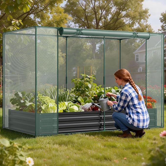Galvanized Raised Garden Bed with Crop Cage Plant Protection Net Tent Kit for Garden Plant 82.7x43.3x 59 Plants Protection Tent Cage Metal Planter Box Bottomless Planting Vegetables Outdoor