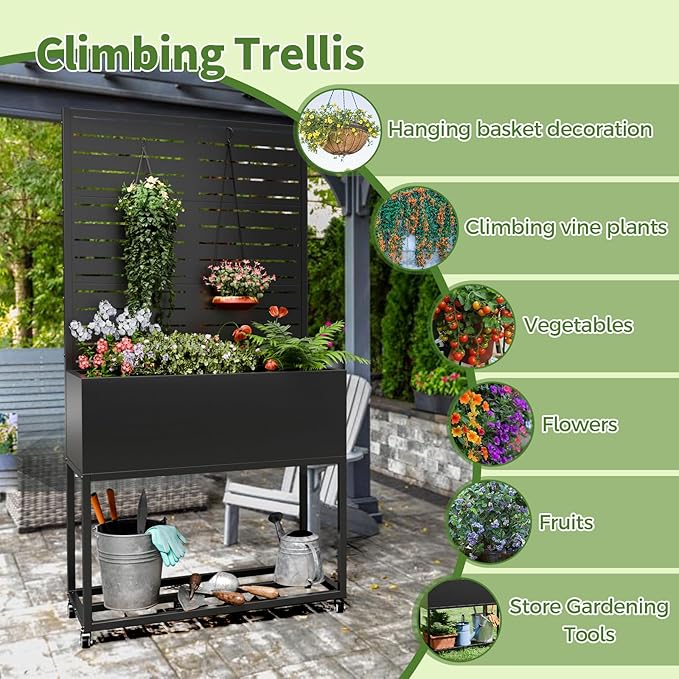 Metal Planter Box with Trellis67 H x35 W Raised Garden Beds with Privacy Screen for Climbing Plants Flower Elevated Standing Planter Garden Bed with Drainage Holes for Outdoor PatioBlack