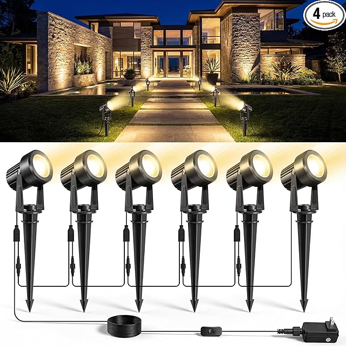6W Low Voltage Landscape Spot Lights 12V/24V 3000K Warm White IP65 Waterproof Outdoor Uplights with Connectors 600LM Aluminum LED Garden Path Tree Wall Lighting 4 Pack