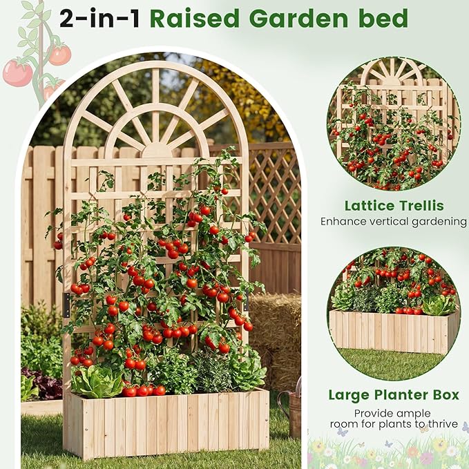 Happygrill Wooden Raised Garden Bed with Trellis Outdoor Planter Box with Drainage Holes Privacy Screen Natural Fir Wood Elevated Garden Bed for Climbing Plants Flowers (2 Natural 36''x12''x71'')