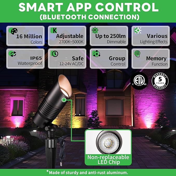 Smart LED Landscape Spotlight - 12V Waterproof Multicolor Uplights 5W 250LM App-Controlled Aluminum Black Perfect for Garden Patio Wall 6 Pack