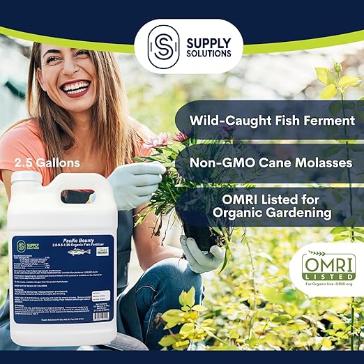 Pacific Bounty Organic Liquid Fish Fertilizer – OMRI Listed Wild Fish Ferment – Hydrolyzed Emulsion with Beneficial Microbes for Fruits Vegetables Flowers Shrubs – 2.0-0.5-1.25 NPK (2.5 Gallon)