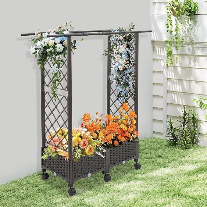 Mobile Planter Box with Trellis Vertical Garden Bed with Wheels for Climbing Plants Indoor Outdoor Vegetable Flower Pot for Balcony Patio Backyard Brown