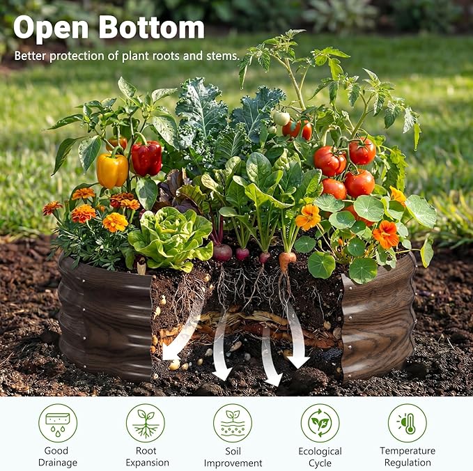DoCred 3 Pack 3x3x1Ft Round Galvanized Raised Garden Bed Metal Garden Bed Outdoor Kit for Gardening Above Ground Planter Box for Plants Vegetables Herbs Flowers Wood Grain