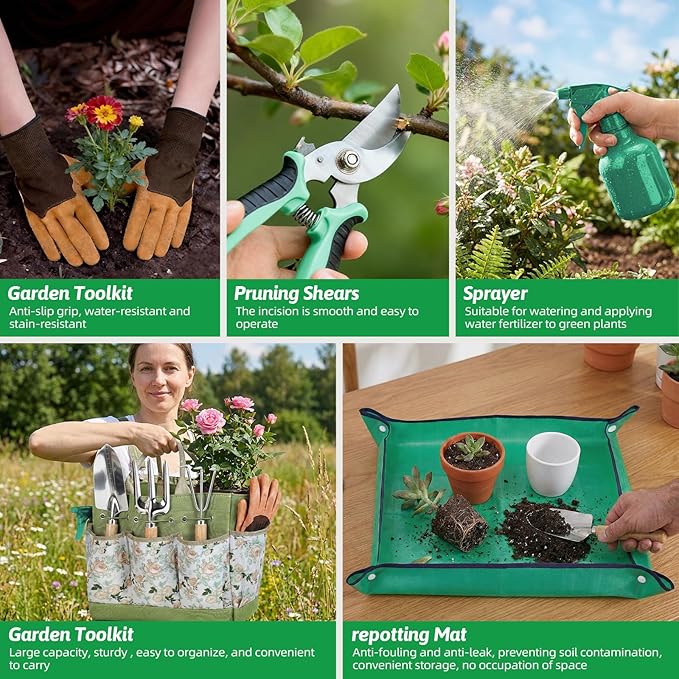 Gardening Tools 10 Pack Heavy Duty Rust-Proof Garden Tool Set with Organizer Tote BagSturdy Repotting MatGardening Gifts for Women Mom(Green)