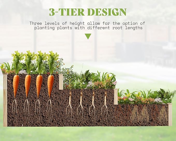 AMERLIFE 3-Tier Raised Garden Bed 28 Inch Depth Fir Wood Planter Box for Outdoor Gardening with Dividers Tool-Free Assembly Garden Box Ideal for Vegetables Herbs Flowers