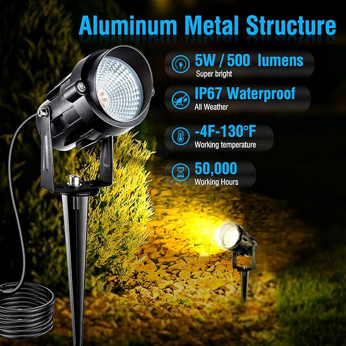 5W Low Voltage Landscape Lights with Connectors AC/DC 12V-24 Landscape Spotlights 3000K Warm White Waterproof Garden Yard Pathway Wall Tree Flag Landscaping Lights with Spike Stand (6 Pack)