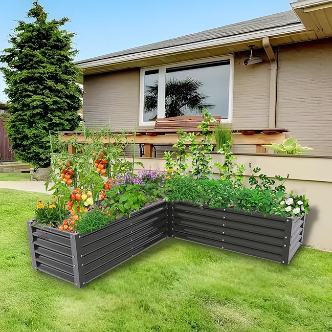 A ANLEOLIFE L-Shaped Galvanized Raised Garden Beds Outdoor74x74x18in Large Metal Planter Box for Planting Vegetables Flowers Herb Anti-Rust &amp Easy-Setup Quartz Grey