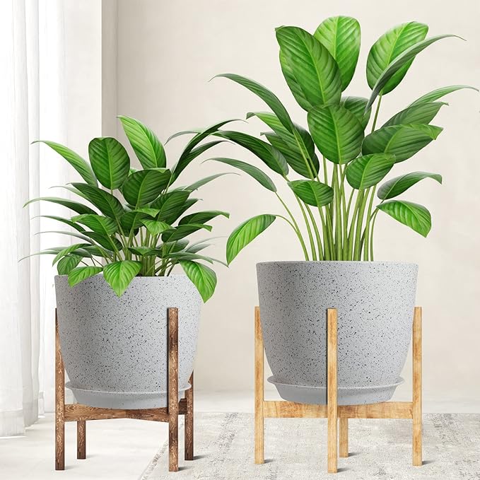 WOUSIWER Plant Pots 10/9/8 inch Set of 3 Modern Decorative Plastic Planters with Drainage Holes and Saucers for House Plants Indoor Flowers Plants White Speckles