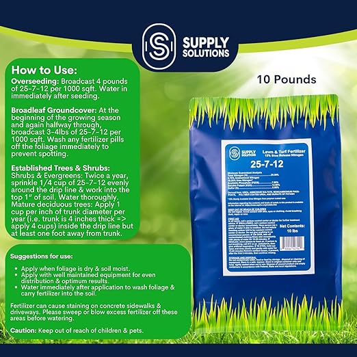 Supply Solutions 25-7-12 Lawn and Turf Fertilizer - 15% Slow Release Nitrogen Lawn Fertilizer for All Grass Types Shrubs - Turf Builder Plant Food Covers 2500 sq.ft (10lbs)