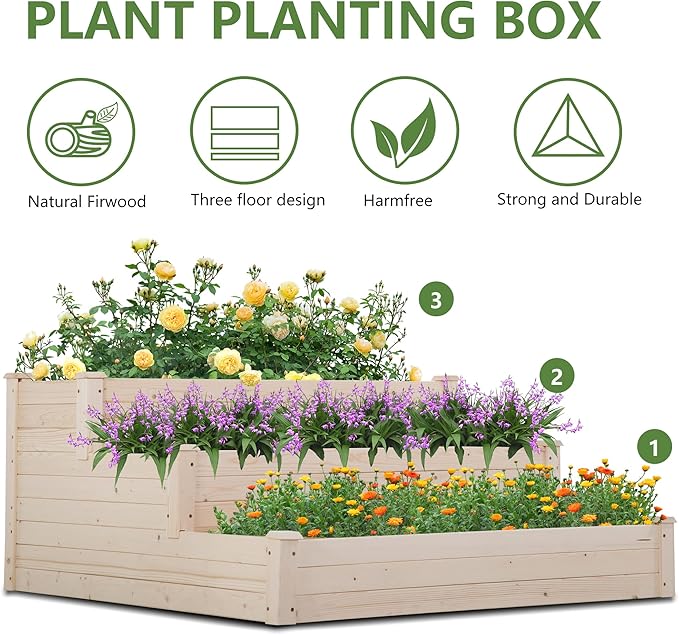 FDW 3 Tier Raised Garden Bed Outdoor Wooden Planter Box 48x48x29 ft Wood Elevated Planter Box with Divided Sections Open-Ended Base for Vegetables Flowers Herbs Plants