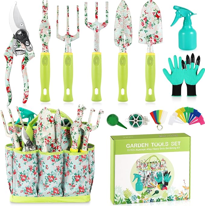 Gardening Tool Set - 13 PCS Heavy Duty Aluminum Gardening Tools Kit Floral Print Garden Tool Set with Non-Slip Rubber Handle &amp Durable Storage Tote Bag Gardening Supplies Gifts for Women Men