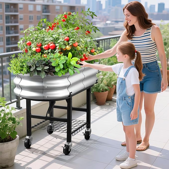 Raised Garden Bed with Legs and Heavy Duty Wheels Self-Watering Planter Box Easy-Install Foldable Stand Galvanized Metal Elevated Wicking Bed with Liner for Indoor Outdoor Gardening