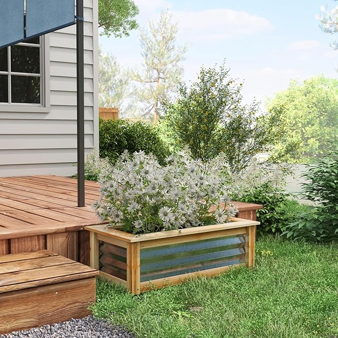 Raised Garden Bed Kit - Reinforced Metal &amp Wood Planter for Flowers Herbs &amp Vegetables