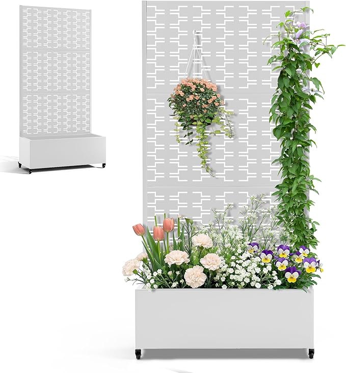 Planter Box with Trellis and Wheels Metal Privacy Screen with Garden Beds Outdoor for Climbing Plants Standing Planter Boxes with Drainage Holes (35 L×16 W×71 H White Rectangle)