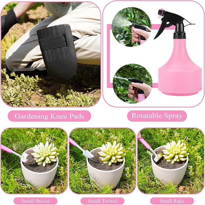 Pink Garden Tool Set Gardening Items for Women - 24PCS Heavy Duty Garden Tools with Detachable Storage Bag Succulent Tool Set Weeder