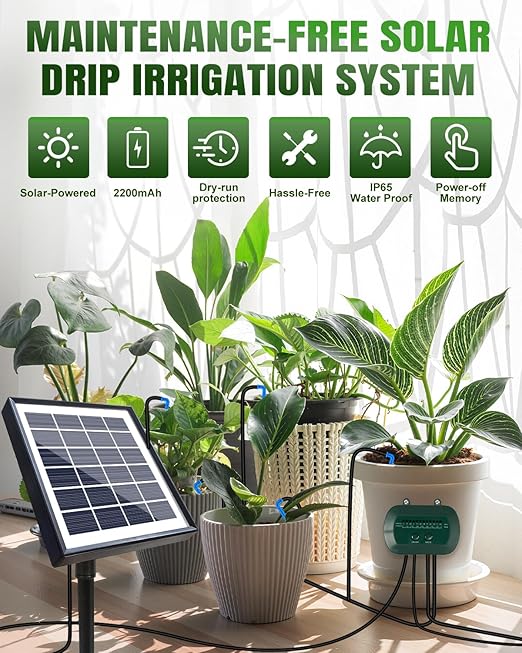 Breeze Touch 50FT Automatic Solar Drip Irrigation System Drip Irrigation Kit with 12 Timing Modes Supported 15 Pots Indoor/Outdoor Irrigation System for Garden Balcony &amp Patio Watering System
