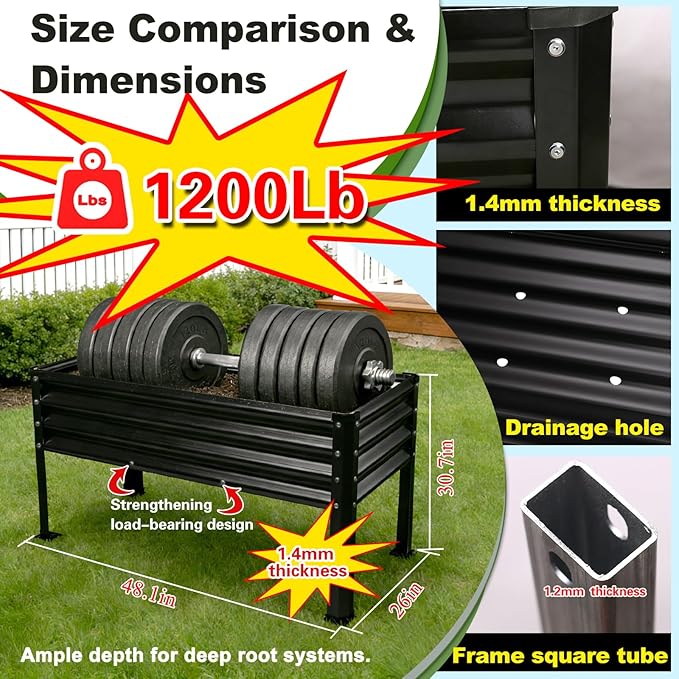 Large Galvanized Raised Garden Bed Outdoor with Legs Load Capacity 1200LB 48x26x30in Metal Elevated Raised Planter Box for Backyard/Patio/Balcony/Gardening/Vegetables Flowers Black