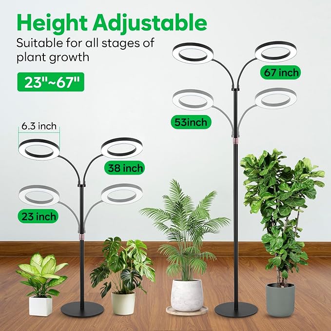 Dual-Head Grow Lights for Indoor Plants LED Full Spectrum Floor Plant Lamp with Timer 3/9/12H 10 Dimmable Levels Flexible Gooseneck Height Adjustable 23-67 for Large Houseplants
