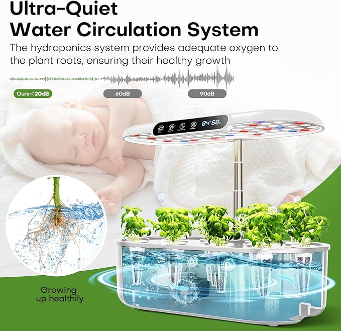 Ahopegarden Hydroponics Growing System with 12 Pods Indoor Garden Kit with LED Grow Light &amp LCD Temp Humidity Display Smart Quiet Pump Planter for Herbs Lettuce Vegetables Kitchen Garden Use