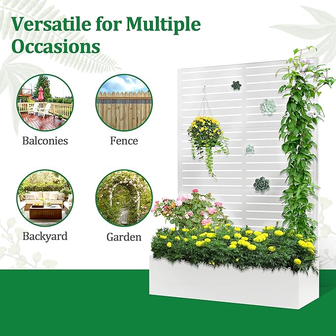 Metal Raised Garden Bed with Trellis 2 in 1 Trellis with Planter Box &amp Privacy Screen for Climbing Plants Vine Outdoor Standing Flower Beds with Drainage Holes 47 L x 16 W x 71 H White