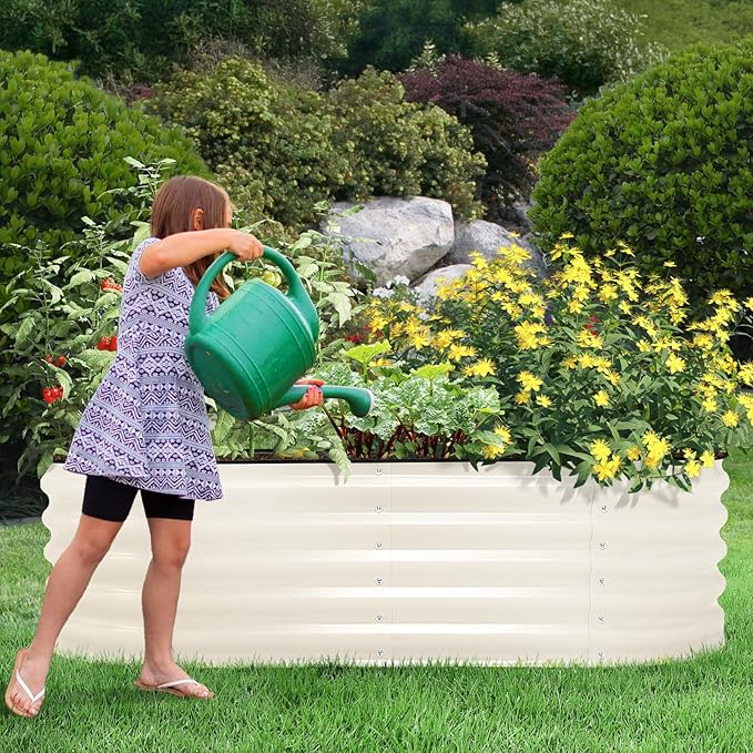 Aoodor 60 L x 15 W x 17 H Galvanized Raised Garden Bed Durable Half Moon Outdoor Planter Box for Vegetables Flowers and Herbs Beige